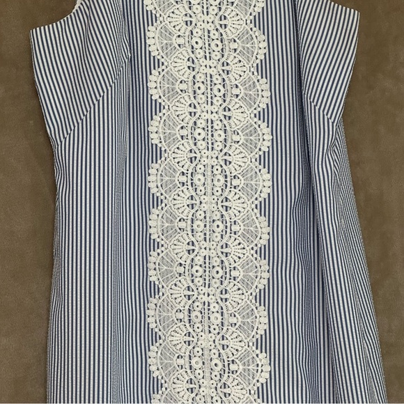 London Times Seersucker Racerback Sundress Blue White Stripes Crochet Size 10 - Picture 5 of 12